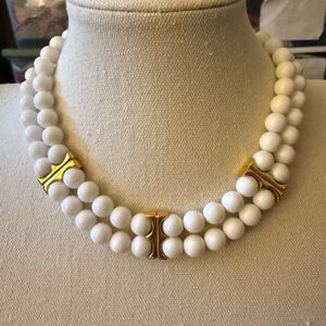 Napier Vintage Signed Double Strand White Lucite Beads with Gold Tone Accents.